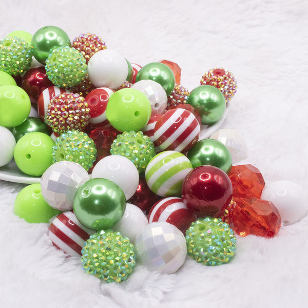 front view of a pile of Christmas color bubblegum beads top