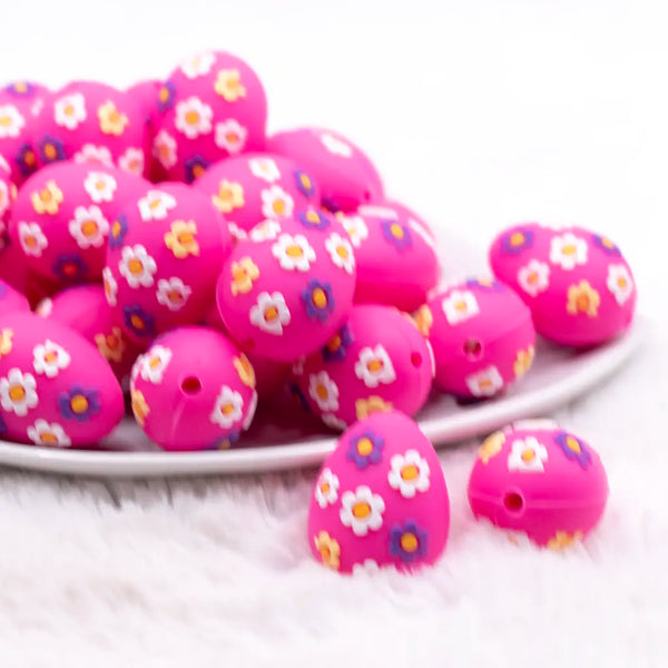 3D Hot Pink Egg with Flowers Silicone Focal Bead Accessory