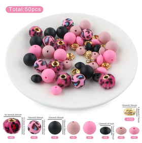 Hot Pink Animal Print Silicone Variety Bead Pack - 50 Pieces