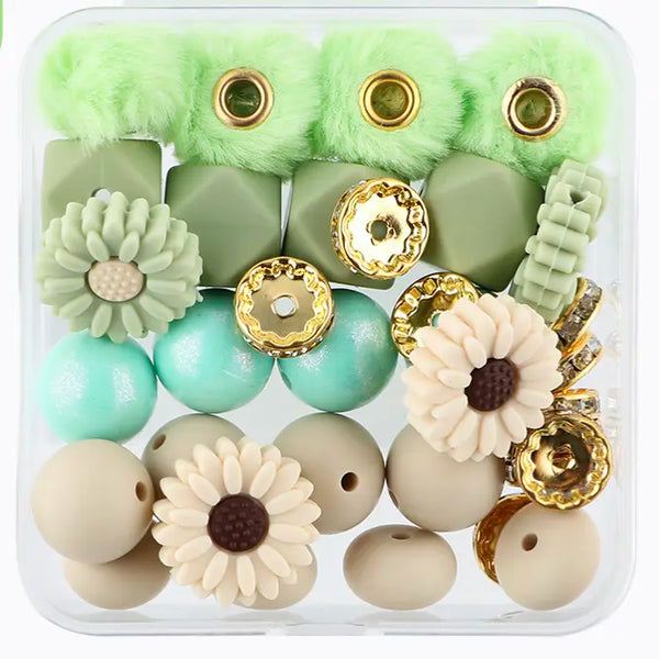 front view of a pile of Floral Silicone Variety Bead Pack with storage case- 34 Pieces