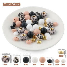 Cream Animal Print Silicone Variety Bead Pack - 50 Pieces