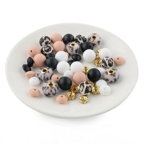 Cream Animal Print Silicone Variety Bead Pack - 50 Pieces