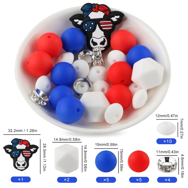 detailed view of a pile of Patriotic Cow Silicone Variety Bead Pack- 27 Pieces