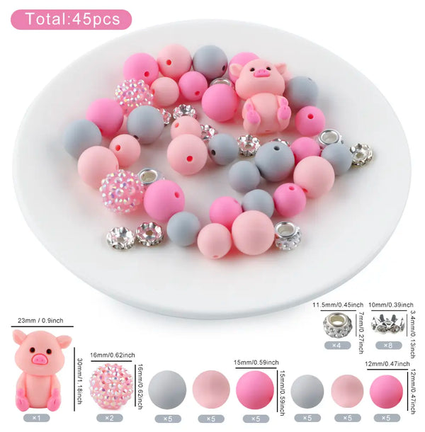 detailed view of a pile of 3D Pig Silicone Variety Bead Pack- 45 Pieces