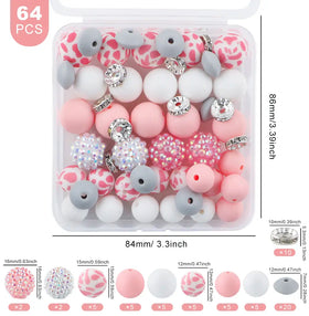 Pink Cow Silicone Variety Bead Pack with storage case- 64 Pieces