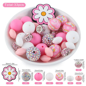 Pink Floral Silicone Variety Bead Pack- 33 Pieces