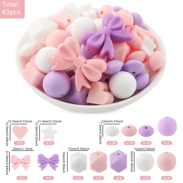 detailed view of a pile of Bow Silicone Variety Bead Pack with storage case- 34 Pieces