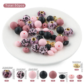 Pink Animal Print Silicone Variety Bead Pack - 50 Pieces