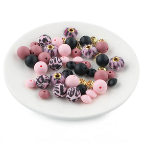 Pink Animal Print Silicone Variety Bead Pack - 50 Pieces