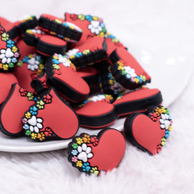 Red Heart with Paw Prints Silicone Focal Bead Accessory