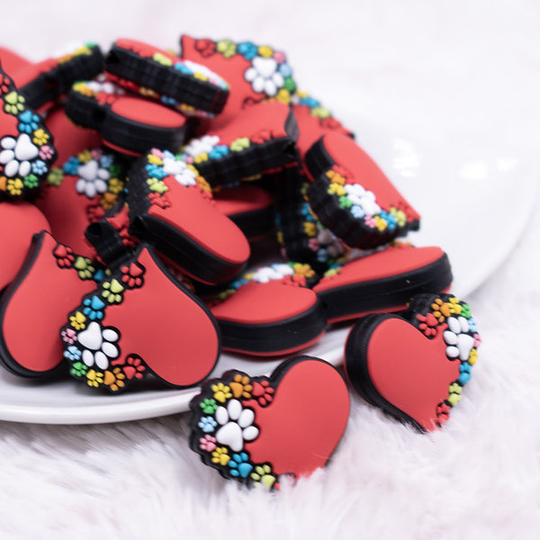 front  view of Red Heart with Paw Prints Silicone Focal Bead Accessory