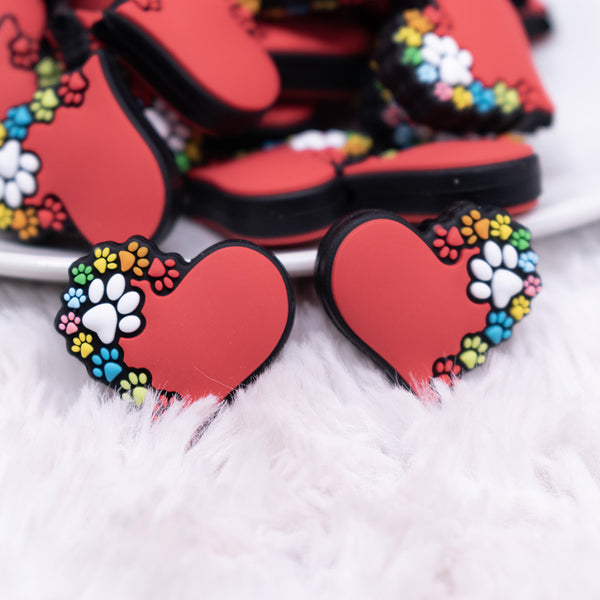 macro  view of Red Heart with Paw Prints Silicone Focal Bead Accessory