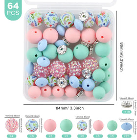 Spring Floral Print Silicone Variety Bead Pack with storage case- 64 Pieces