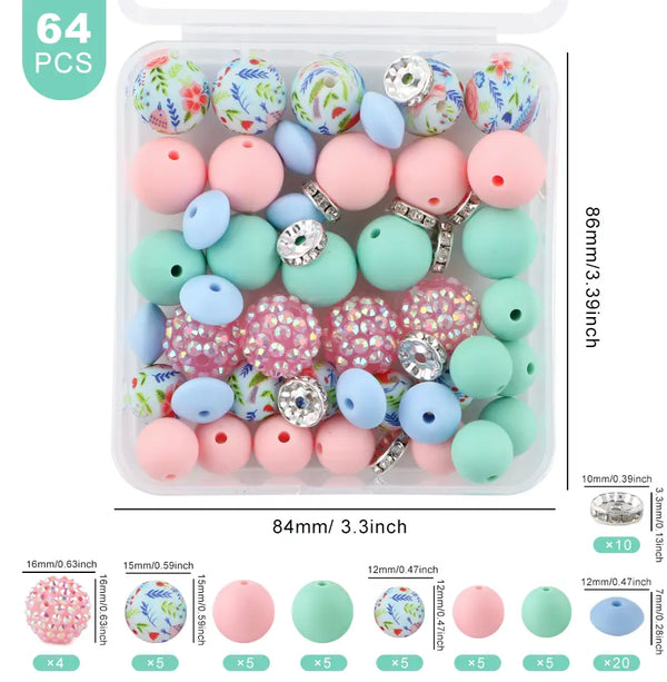 detailed view of a pile of Spring Floral Print Silicone Variety Bead Pack with storage case- 64 Pieces