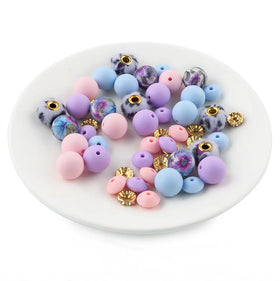 Purple Floral Print Silicone Variety Bead Pack - 50 Pieces