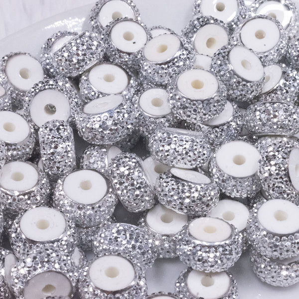 close up view of a pile of 12mm White Resin with Silver Rhinestone Rondelle Spacer Beads - Set of 10