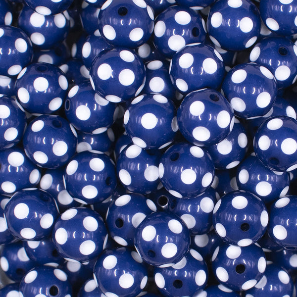 close up view of a pile of 12mm Dark Blue with White Polka Dot Acrylic Chunky Bubblegum Beads