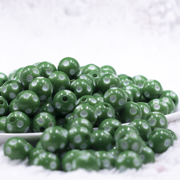 front view of a pile of 12mm Green with White Polka Dot Acrylic Chunky Bubblegum Beads