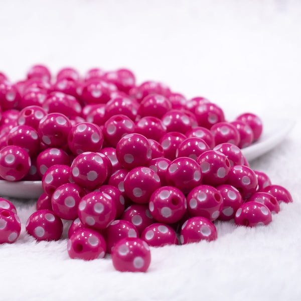 front view of a pile of 12mm Hot Pink with White Polka Dot Acrylic Chunky Bubblegum Beads