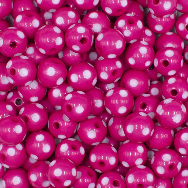 close up view of a pile of 12mm Hot Pink with White Polka Dot Acrylic Chunky Bubblegum Beads