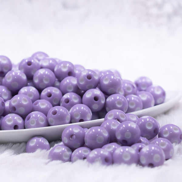 front view of a pile of 12mm Light Purple with White Polka Dot Acrylic Chunky Bubblegum Beads