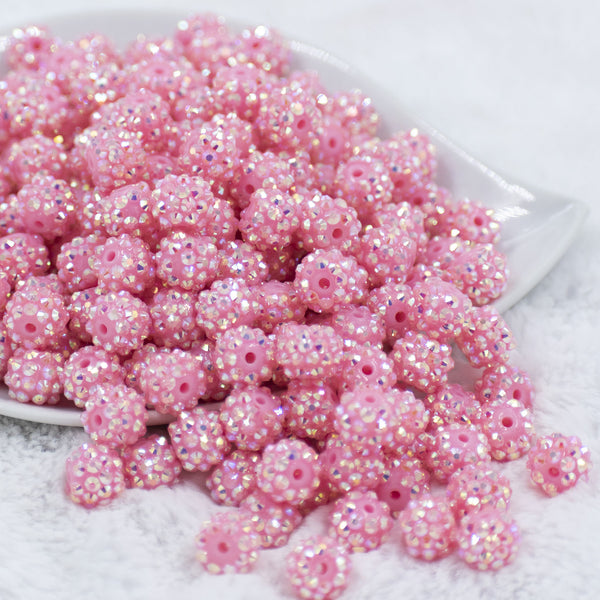 Front view of a pile of 12mm Pink Rhinestone AB Bubblegum Beads [10 & 20 Count]