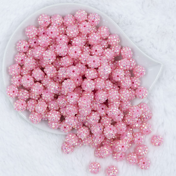 Top view of a pile of 12mm Pink Rhinestone AB Bubblegum Beads [10 & 20 Count]