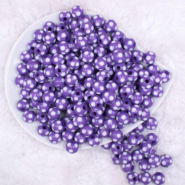 top view of a pile of 12mm Purple with White Polka Dot Acrylic Chunky Bubblegum Beads