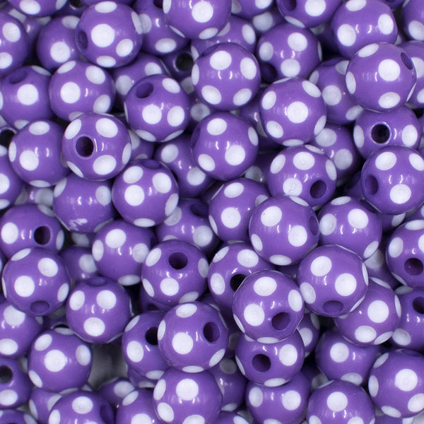 close up view of a pile of 12mm Purple with White Polka Dot Acrylic Chunky Bubblegum Beads