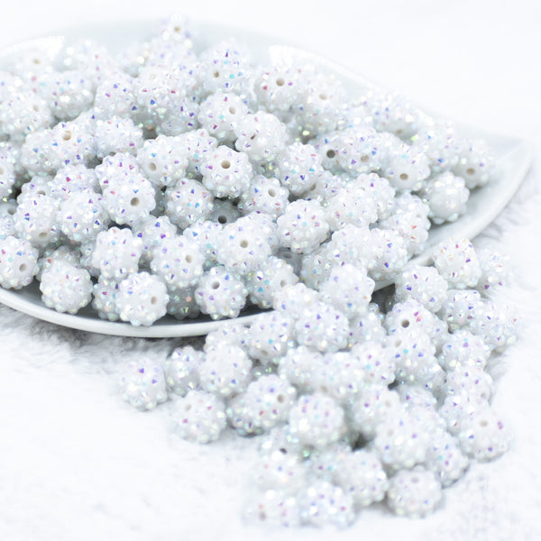 Front view of a pile of 12mm White Sparkle Rhinestone AB Bubblegum Beads [10 & 20 Count]