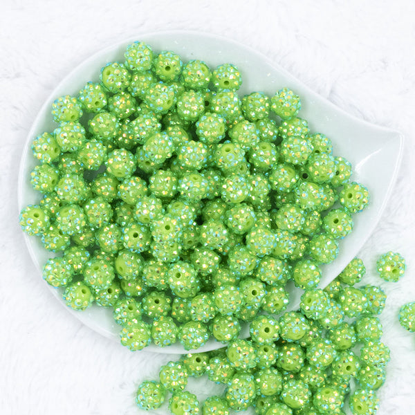 Top view of a pile of 12mm Green Apple Rhinestone AB Bubblegum Beads [10 & 20 Count]