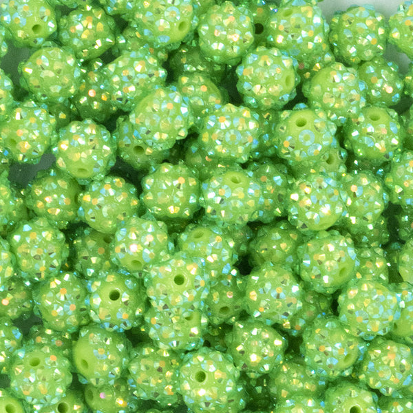 Close up view of a pile of 12mm Green Apple Rhinestone AB Bubblegum Beads [10 & 20 Count]