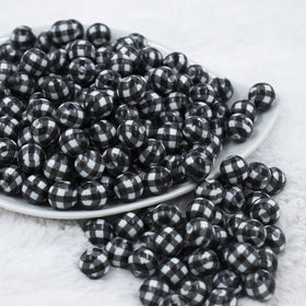 12mm Black & White Plaid Print Chunky Acrylic Bubblegum Beads - 20 Count