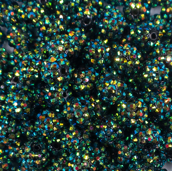 Close up view of a pile of 12mm Chameleon Green Rhinestone Bubblegum Beads [10 & 20 Count]