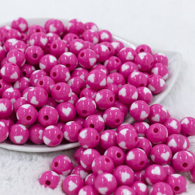 12mm Pink with White Heart Chunky Acrylic Bubblegum Beads [20 Count]