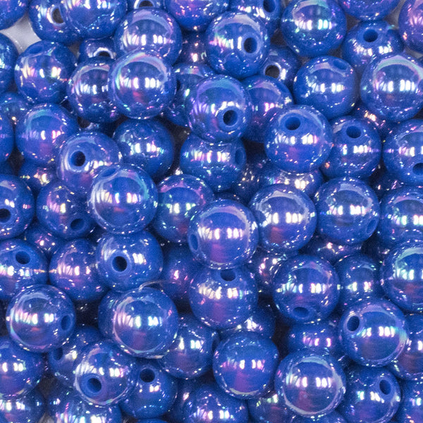close up view of a pile of 12mm Deep Blue AB Solid Acrylic Bubblegum Beads