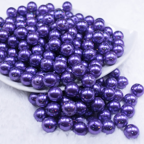 Front view of a pile of 12mm Iris Purple with Glitter Faux Pearl Acrylic Bubblegum Beads - 20 Count