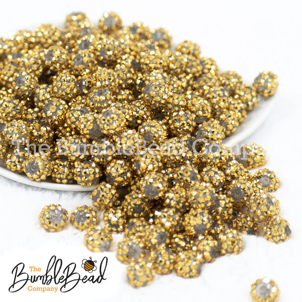 Front view of a pile of 12mm Gold Rhinestone AB Bubblegum Beads [10 & 20 Count]