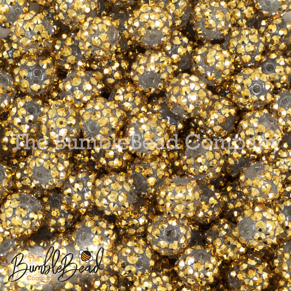 Close up view of a pile of 12mm Gold Rhinestone AB Bubblegum Beads [10 & 20 Count]
