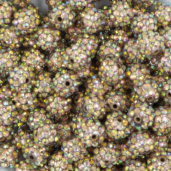 Close up view of a pile of 12mm Gold Shimmer Rhinestone AB Bubblegum Beads [10 & 20 Count]