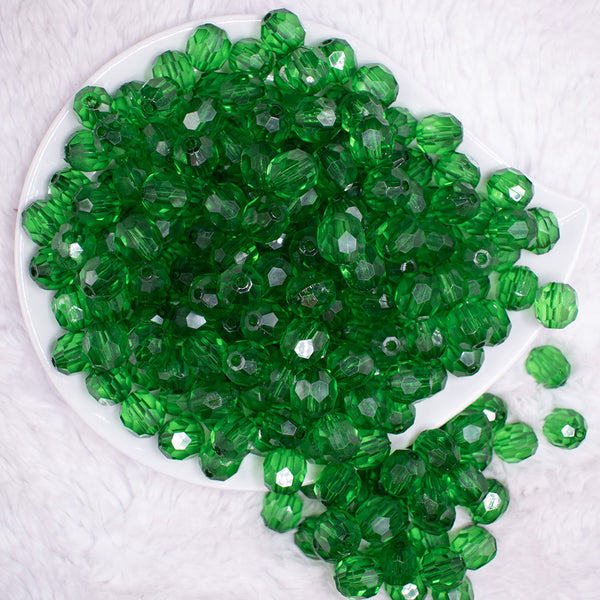 top view of a pile of 12mm Green Transparent Faceted Shaped Bubblegum Beads