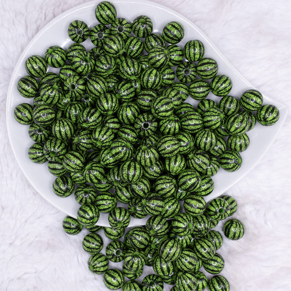 top view of a pile of 12mm Bright Green Watermelon Pattern Print Bubblegum Beads