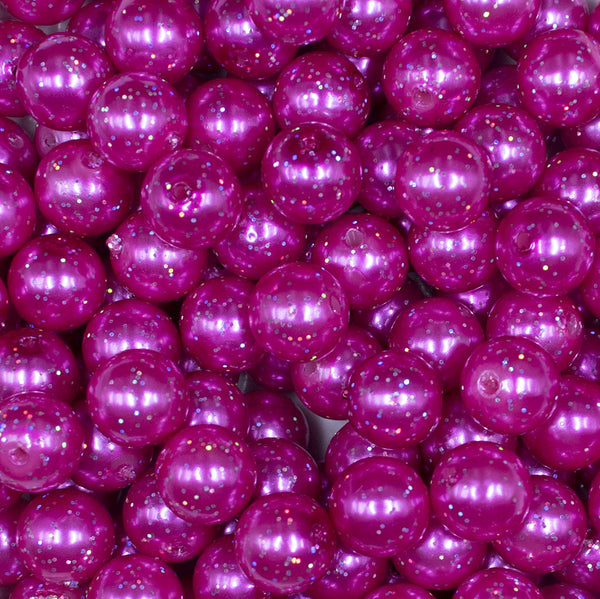 Close up view of a pile of 12mm Hot Pink with Glitter Faux Pearl Acrylic Bubblegum Beads - 20 Count