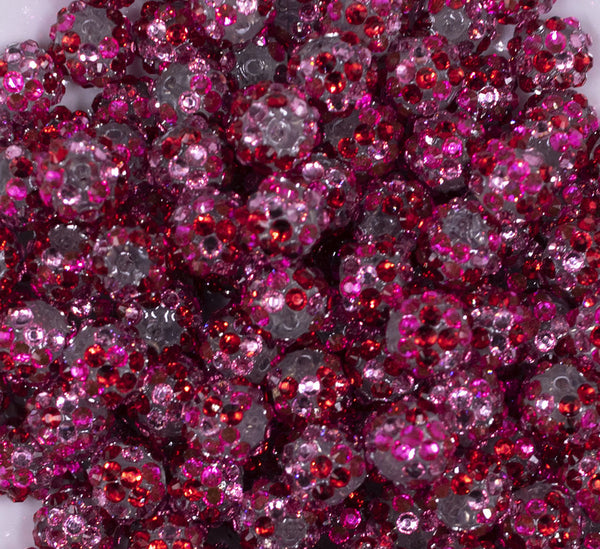 Zoomed view of a pile of 12mm Pink & Red Confetti Rhinestone AB Bubblegum Beads [10 & 20 Count]