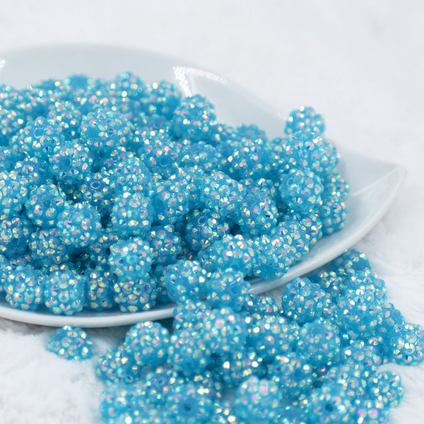 Front view of a pile of 12mm Jelly Blue Dazzle Rhinestone AB Bubblegum Beads [10 & 20 Count]