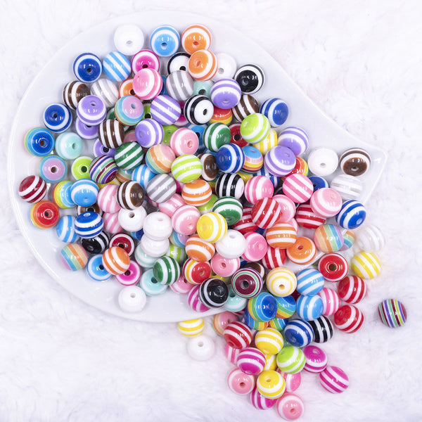 Top view of a pile of 12mm Mixed Stripes Resin Chunky Bubblegum Jewelry Beads