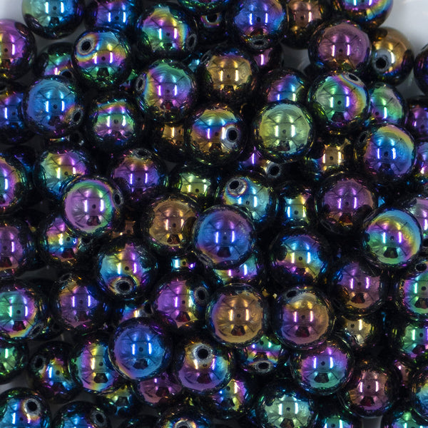 Close up view of a pile of 12mm Smoked NeoChrome Black AB Solid Acrylic Bubblegum Beads [20 Count]