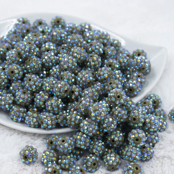 Front view of a pile of 12mm Olive Rhinestone AB Bubblegum Beads