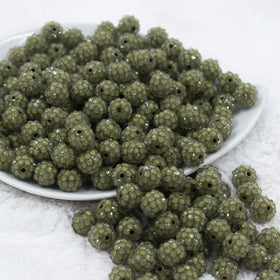 12mm Army Green with Clear Rhinestone Bubblegum Beads