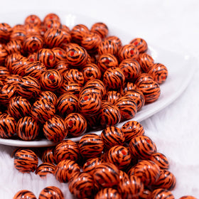 12mm Orange & Black Tiger Print Chunky Acrylic Bubblegum Beads - 20 Count